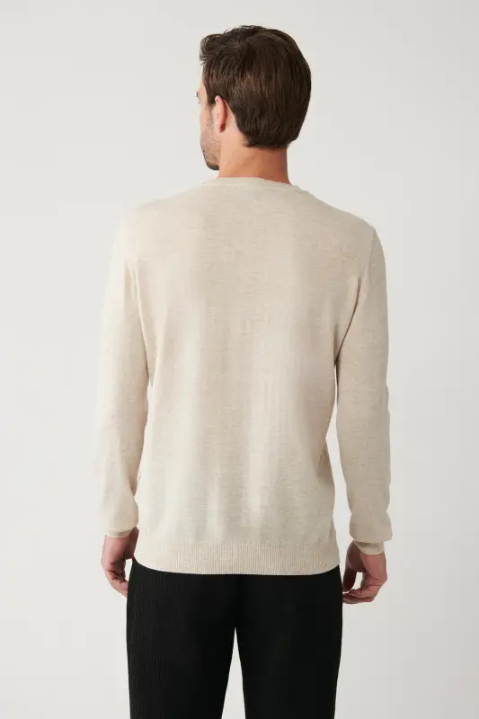 Erkek Bej Bisiklet Yaka Yün Karışımlı Triko Regular Fit Kazak B005013 - Bej - 4