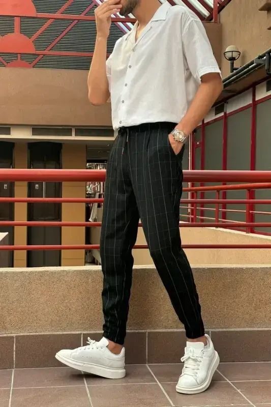 Erkek, bel bağcıklı, ekose desenli, Esnek kumaş, Pile detaylı, Jogger pantolon 24INP199K-SİYAH - 1