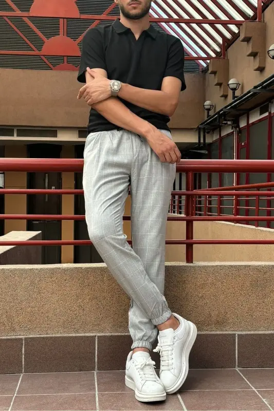 Erkek, bel bağcıklı, ekose desenli, Esnek kumaş, Pile detaylı, Jogger pantolon 24INP199K-AÇIK GRİ - 1