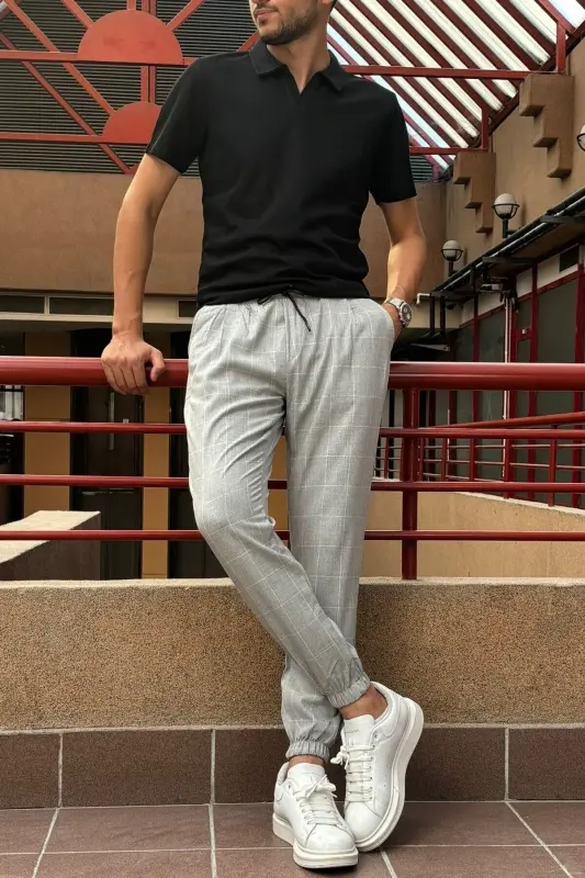 Erkek, bel bağcıklı, ekose desenli, Esnek kumaş, Pile detaylı, Jogger pantolon 24INP199K-AÇIK GRİ - 3
