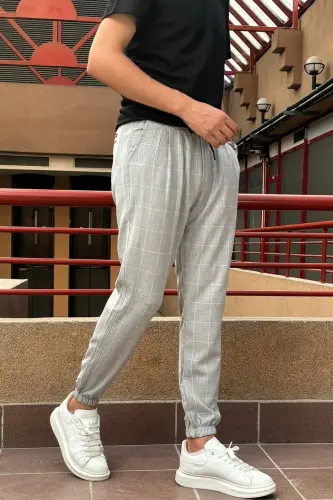 Erkek, bel bağcıklı, ekose desenli, Esnek kumaş, Pile detaylı, Jogger pantolon 24INP199K-AÇIK GRİ - 4