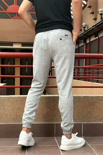 Erkek, bel bağcıklı, ekose desenli, Esnek kumaş, Pile detaylı, Jogger pantolon 24INP199K-AÇIK GRİ - 5