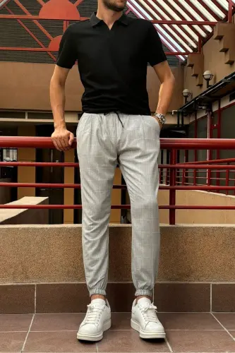 Erkek, bel bağcıklı, ekose desenli, Esnek kumaş, Pile detaylı, Jogger pantolon 24INP199K-AÇIK GRİ - 7