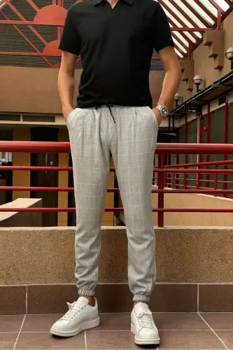 Erkek, bel bağcıklı, ekose desenli, Esnek kumaş, Pile detaylı, Jogger pantolon 24INP199K-AÇIK GRİ - 8