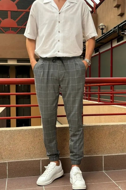 Erkek, bel bağcıklı, ekose desenli, Esnek kumaş, Pile detaylı, Jogger pantolon 24INP199K - GRİ - 2