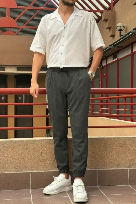 Erkek, bel bağcıklı, ekose desenli, Esnek kumaş, Pile detaylı, Jogger pantolon 24INP199K-ANTRASİT - 3