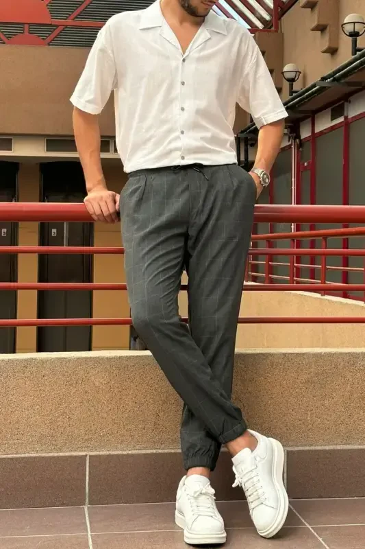 Erkek, bel bağcıklı, ekose desenli, Esnek kumaş, Pile detaylı, Jogger pantolon 24INP199K-ANTRASİT - 4