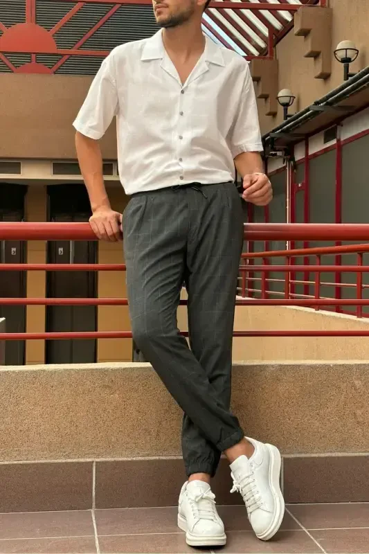 Erkek, bel bağcıklı, ekose desenli, Esnek kumaş, Pile detaylı, Jogger pantolon 24INP199K-ANTRASİT - 5