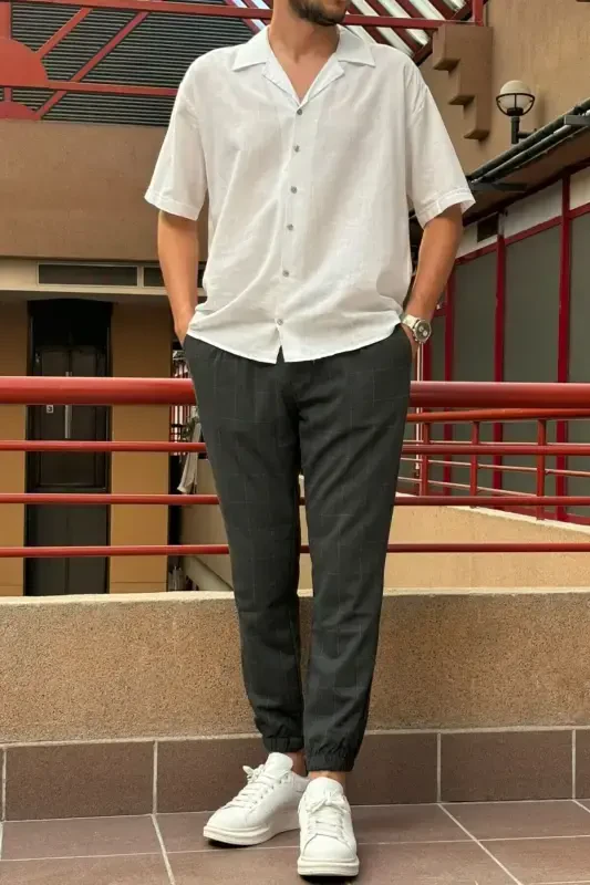 Erkek, bel bağcıklı, ekose desenli, Esnek kumaş, Pile detaylı, Jogger pantolon 24INP199K-ANTRASİT - 8