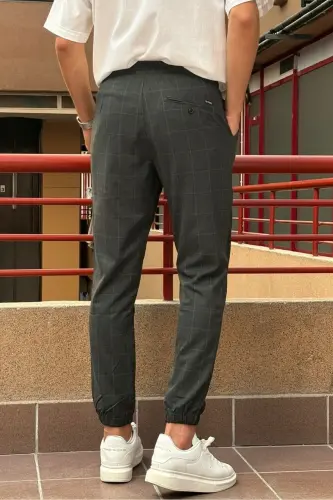 Erkek, bel bağcıklı, ekose desenli, Esnek kumaş, Pile detaylı, Jogger pantolon 24INP199K - ANTRASİT - 8