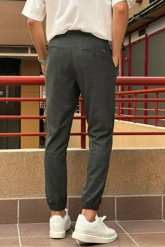 Erkek, bel bağcıklı, ekose desenli, Esnek kumaş, Pile detaylı, Jogger pantolon 24INP199K - ANTRASİT - 8