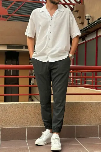 Erkek, bel bağcıklı, ekose desenli, Esnek kumaş, Pile detaylı, Jogger pantolon 24INP199K - ANTRASİT - 9