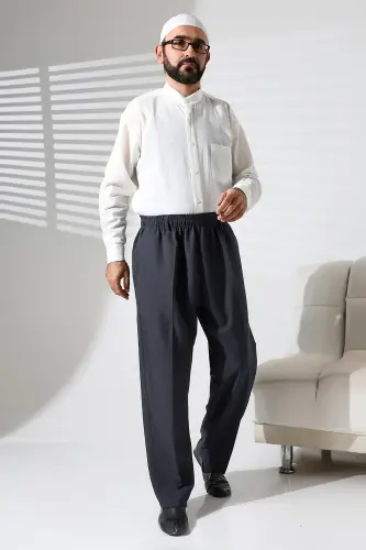 Erkek Beli Lastikli Cepli Kışlık Yün Efektli Kumaş Şalvar Pantolon - Antrasit (İSR)-Antrasit - 2