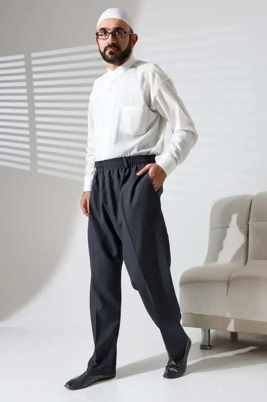 Erkek Beli Lastikli Cepli Kışlık Yün Efektli Kumaş Şalvar Pantolon - Antrasit (İSR)-Antrasit - 3