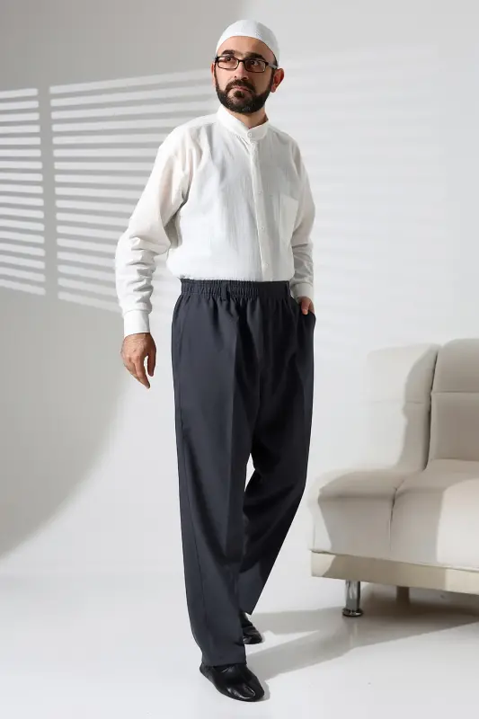 Erkek Beli Lastikli Cepli Kışlık Yün Efektli Kumaş Şalvar Pantolon - Antrasit (İSR)-Antrasit - IHVAN ONLINE