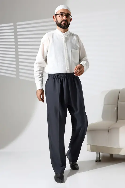 Erkek Beli Lastikli Cepli Kışlık Yün Efektli Kumaş Şalvar Pantolon - Antrasit (İSR)-Antrasit - 2