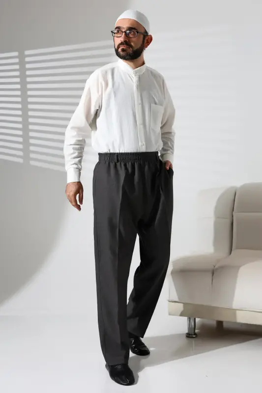 Erkek Beli Lastikli Cepli Kışlık Yün Efektli Kumaş Şalvar Pantolon - Füme (İSR)-Füme - 1