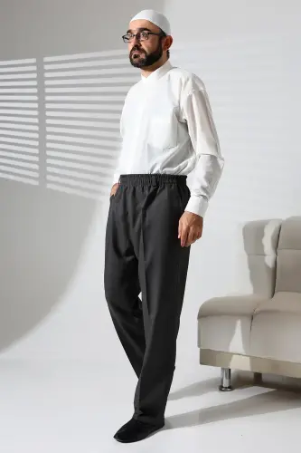 Erkek Beli Lastikli Cepli Kışlık Yün Efektli Kumaş Şalvar Pantolon - Füme (İSR)-Füme - 2