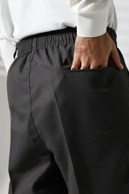 Erkek Beli Lastikli Cepli Kışlık Yün Efektli Kumaş Şalvar Pantolon - Füme (İSR)-Füme - 6