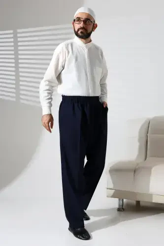 Erkek Beli Lastikli Cepli Kışlık Yün Efektli Kumaş Şalvar Pantolon - Lacivert (İSR)-Lacivert - 1