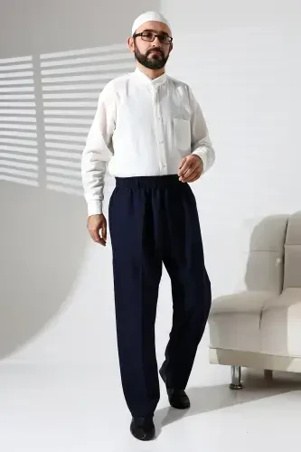 Erkek Beli Lastikli Cepli Kışlık Yün Efektli Kumaş Şalvar Pantolon - Lacivert (İSR)-Lacivert - 2