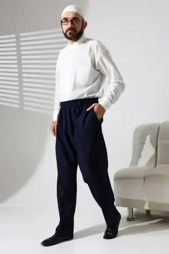 Erkek Beli Lastikli Cepli Kışlık Yün Efektli Kumaş Şalvar Pantolon - Lacivert (İSR)-Lacivert - 3