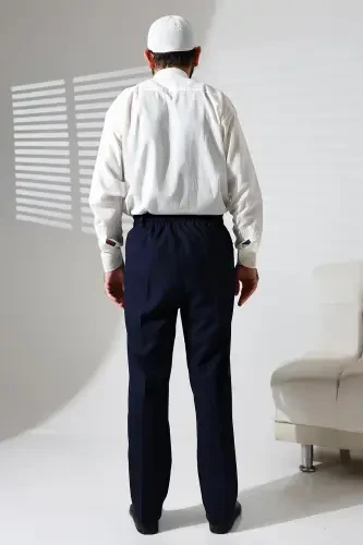 Erkek Beli Lastikli Cepli Kışlık Yün Efektli Kumaş Şalvar Pantolon - Lacivert (İSR)-Lacivert - 7