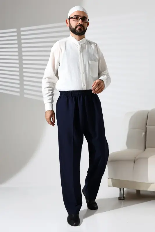Erkek Beli Lastikli Cepli Kışlık Yün Efektli Kumaş Şalvar Pantolon - Lacivert (İSR) - Lacivert - 2