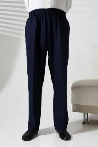 Erkek Beli Lastikli Cepli Kışlık Yün Efektli Kumaş Şalvar Pantolon - Lacivert (İSR) - Lacivert - 4