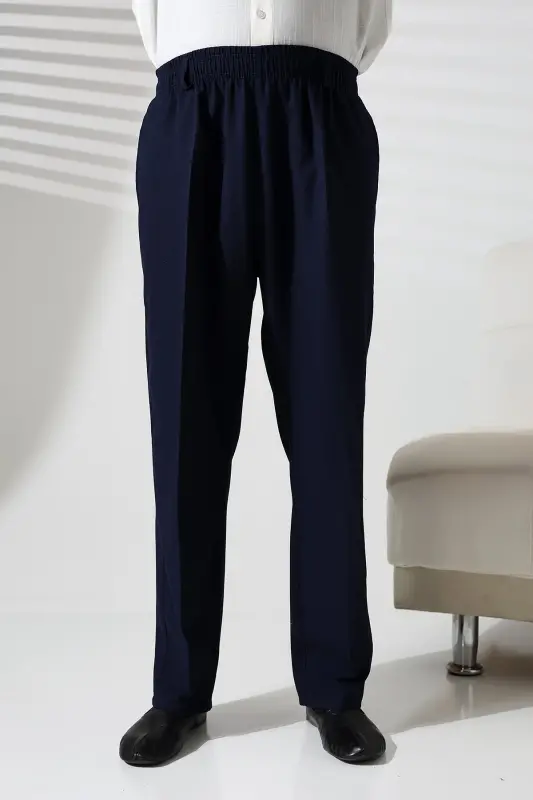 Erkek Beli Lastikli Cepli Kışlık Yün Efektli Kumaş Şalvar Pantolon - Lacivert (İSR) - Lacivert - 4