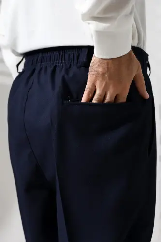 Erkek Beli Lastikli Cepli Kışlık Yün Efektli Kumaş Şalvar Pantolon - Lacivert (İSR) - Lacivert - 6