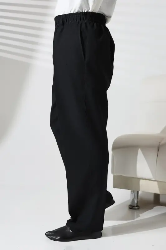 Erkek Beli Lastikli Cepli Kışlık Yün Efektli Kumaş Şalvar Pantolon - Siyah (İSR)-Siyah - 5