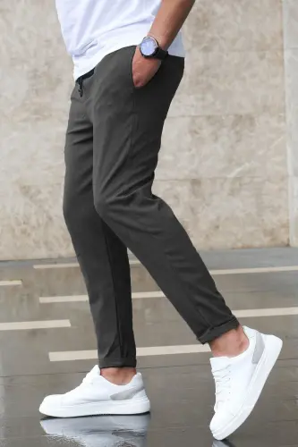 Erkek Beli Lastikli Likralı Rahat Dokuma Kumaş Jogger Fit Pantolon - FÜME - BAYBAYAN (1)