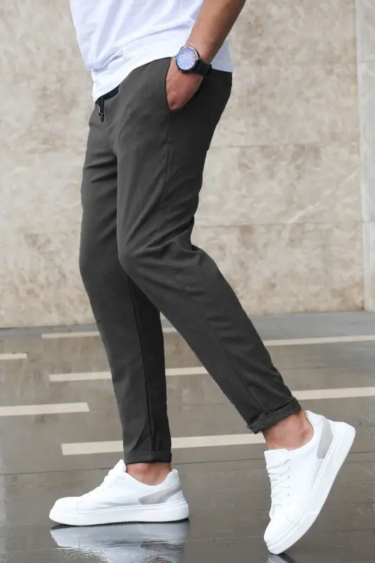 Erkek Beli Lastikli Likralı Rahat Dokuma Kumaş Jogger Fit Pantolon - FÜME - 2