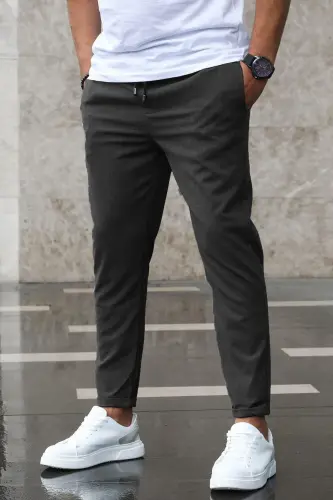 Erkek Beli Lastikli Likralı Rahat Dokuma Kumaş Jogger Fit Pantolon - FÜME - 3