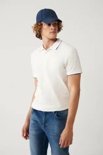 Erkek Beyaz %100 Pamuk 3 Düğmeli Jakarlı Polo Yaka Regular Fit T-Shirt A41Y1147-Beyaz 