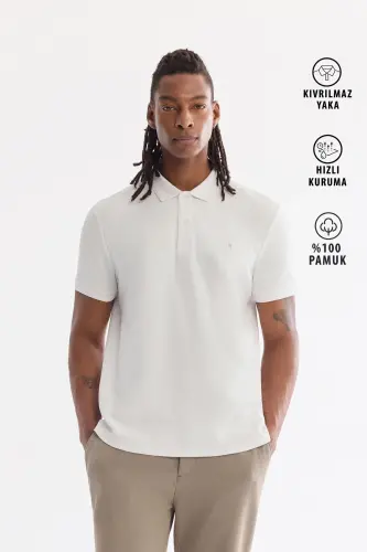 Erkek Beyaz Kıvrılmaz Polo Yaka %100 Pamuk Basic Regular Fit T-Shirt B001032 - Beyaz 