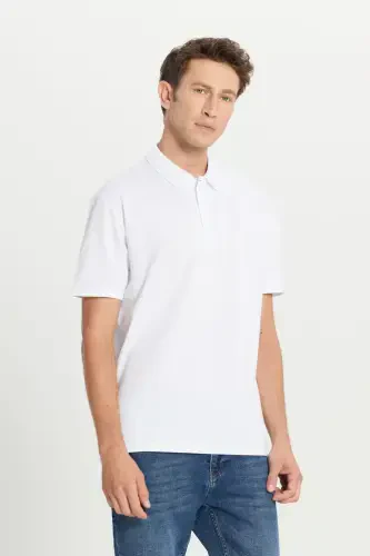 Erkek Beyaz %100 Pamuk Kıvrılmaz Pike Polo Yaka Slim Fit Dar Kesim Tişört-Beyaz - 1