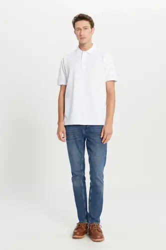 Erkek Beyaz %100 Pamuk Kıvrılmaz Pike Polo Yaka Slim Fit Dar Kesim Tişört-Beyaz - 4