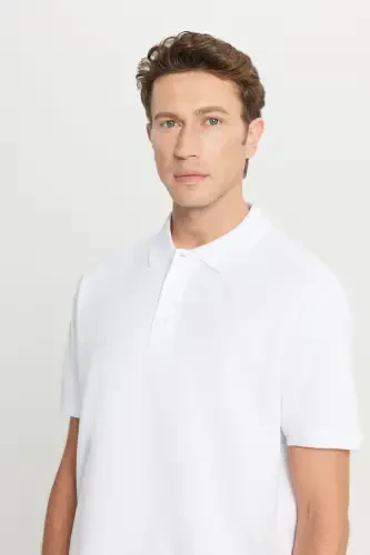 Erkek Beyaz %100 Pamuk Kıvrılmaz Pike Polo Yaka Slim Fit Dar Kesim Tişört-Beyaz - 6
