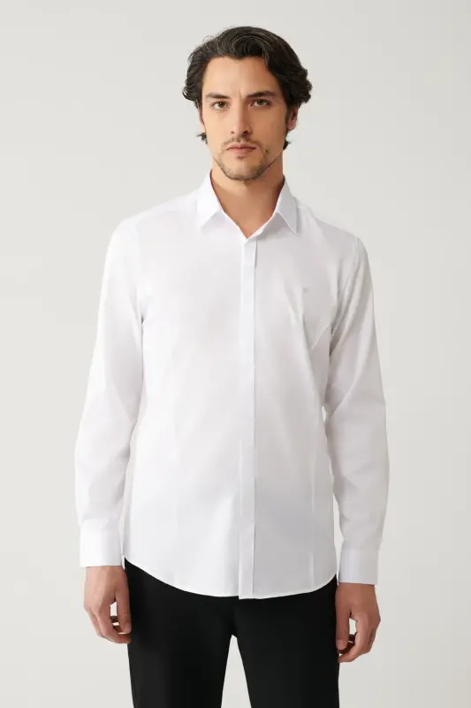 Erkek Beyaz %100 Pamuk Klasik Yaka Saten Slim Fit Gömlek B002002 - Beyaz - AVVA