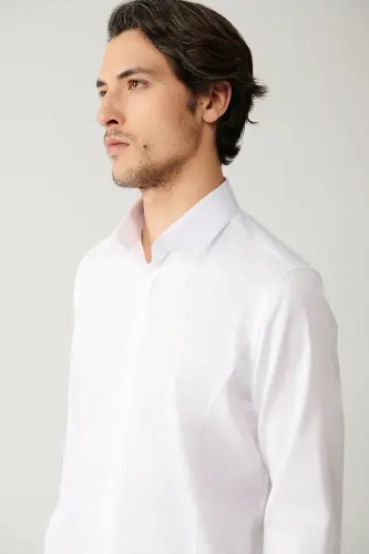 Erkek Beyaz %100 Pamuk Klasik Yaka Saten Slim Fit Gömlek B002002 - Beyaz - 2