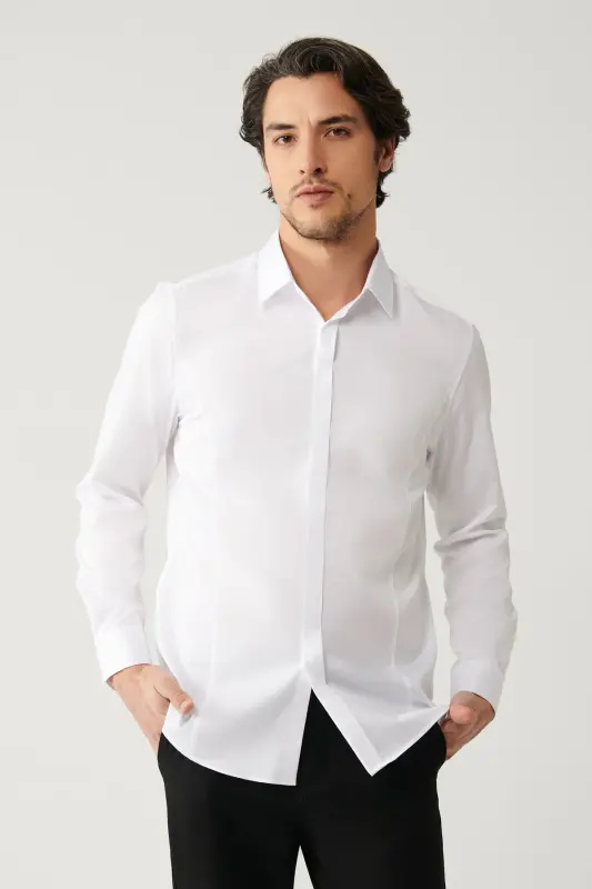 Erkek Beyaz %100 Pamuk Klasik Yaka Saten Slim Fit Gömlek B002002 - Beyaz - 3