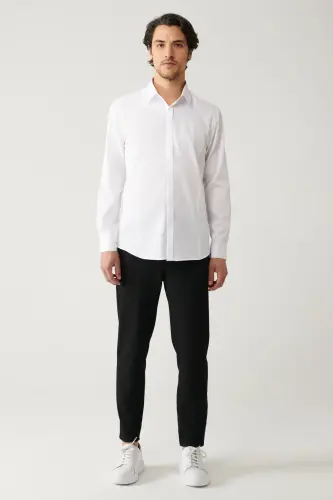 Erkek Beyaz %100 Pamuk Klasik Yaka Saten Slim Fit Gömlek B002002 - Beyaz - 5