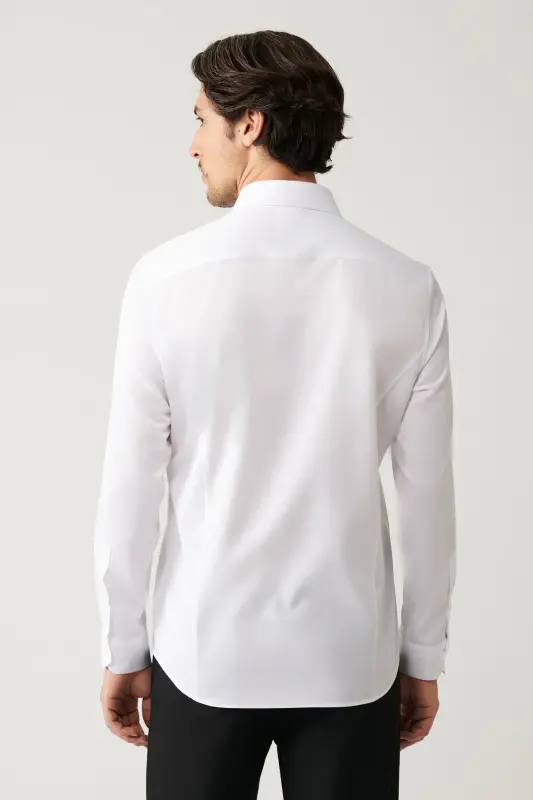Erkek Beyaz %100 Pamuk Klasik Yaka Saten Slim Fit Gömlek B002002-Beyaz - 4