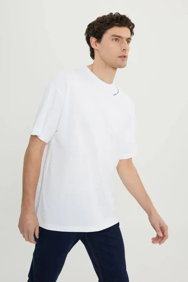 Erkek Beyaz %100 Pamuk Oversize Fit Rahat Kesim Bisiklet Yaka Baskılı Tişört-Beyaz - 3