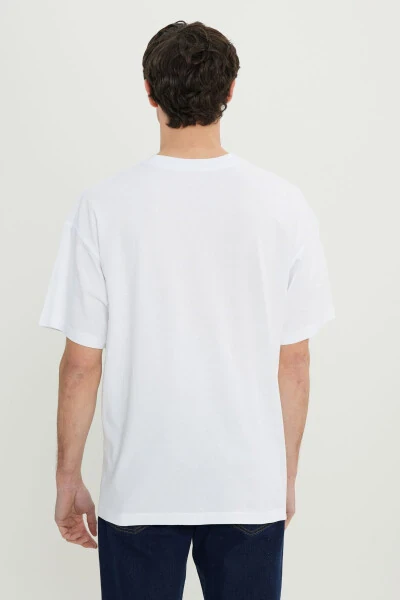 Erkek Beyaz %100 Pamuk Oversize Fit Rahat Kesim Bisiklet Yaka Baskılı Tişört-Beyaz - 5