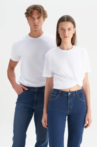 Erkek/unisex Beyaz %100 Pamuk Slim Fit Dar Kesim Bisiklet Yaka Basic Tişört-Beyaz - 2