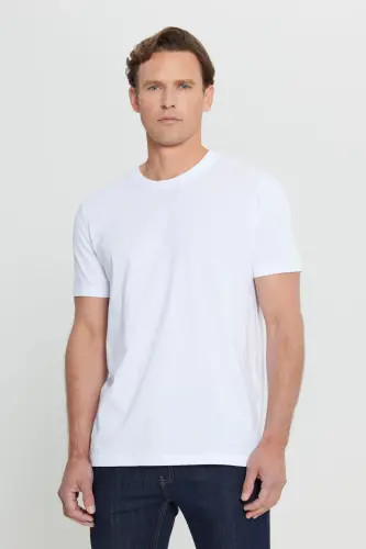 Erkek/unisex Beyaz %100 Pamuk Slim Fit Dar Kesim Bisiklet Yaka Basic Tişört-Beyaz - 4