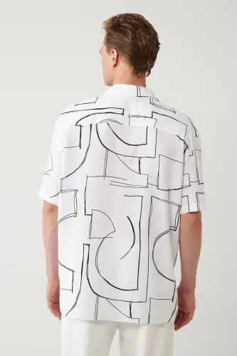 Erkek Beyaz %100 Viskon Apaj Yaka Baskılı Viskon Kısa Kollu Oversize Fit Gömlek A41Y2149 - Beyaz - 5